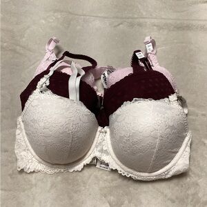 PINK Victoria's Secret Lace Bra Set - White and Burgundy Bundle of Three Pieces